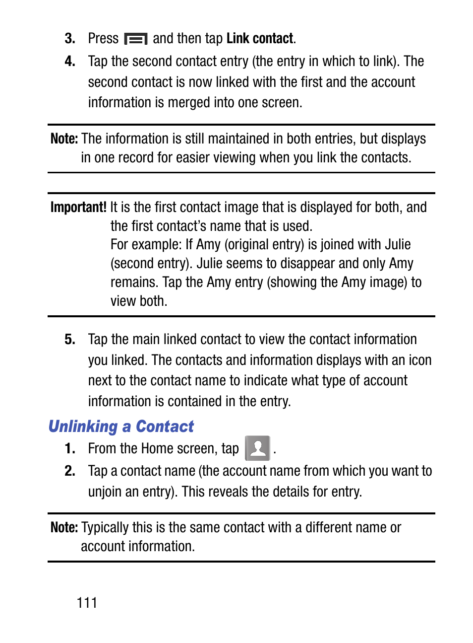 Unlinking a contact | Samsung SM-S890LZKATFN User Manual | Page 118 / 459