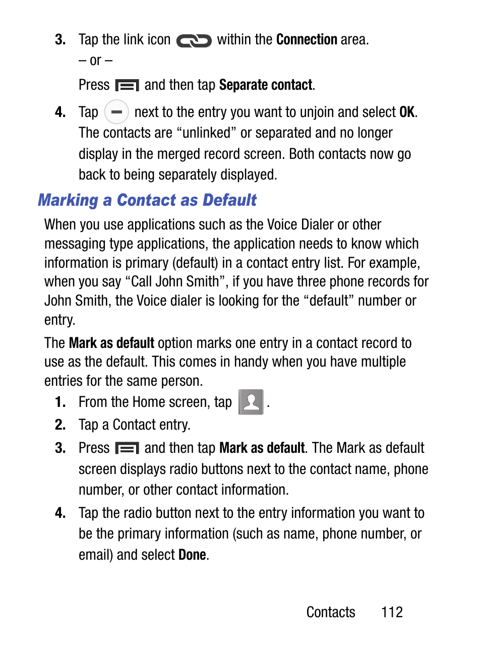 Marking a contact as default | Samsung SM-S890LZKATFN User Manual | Page 119 / 459