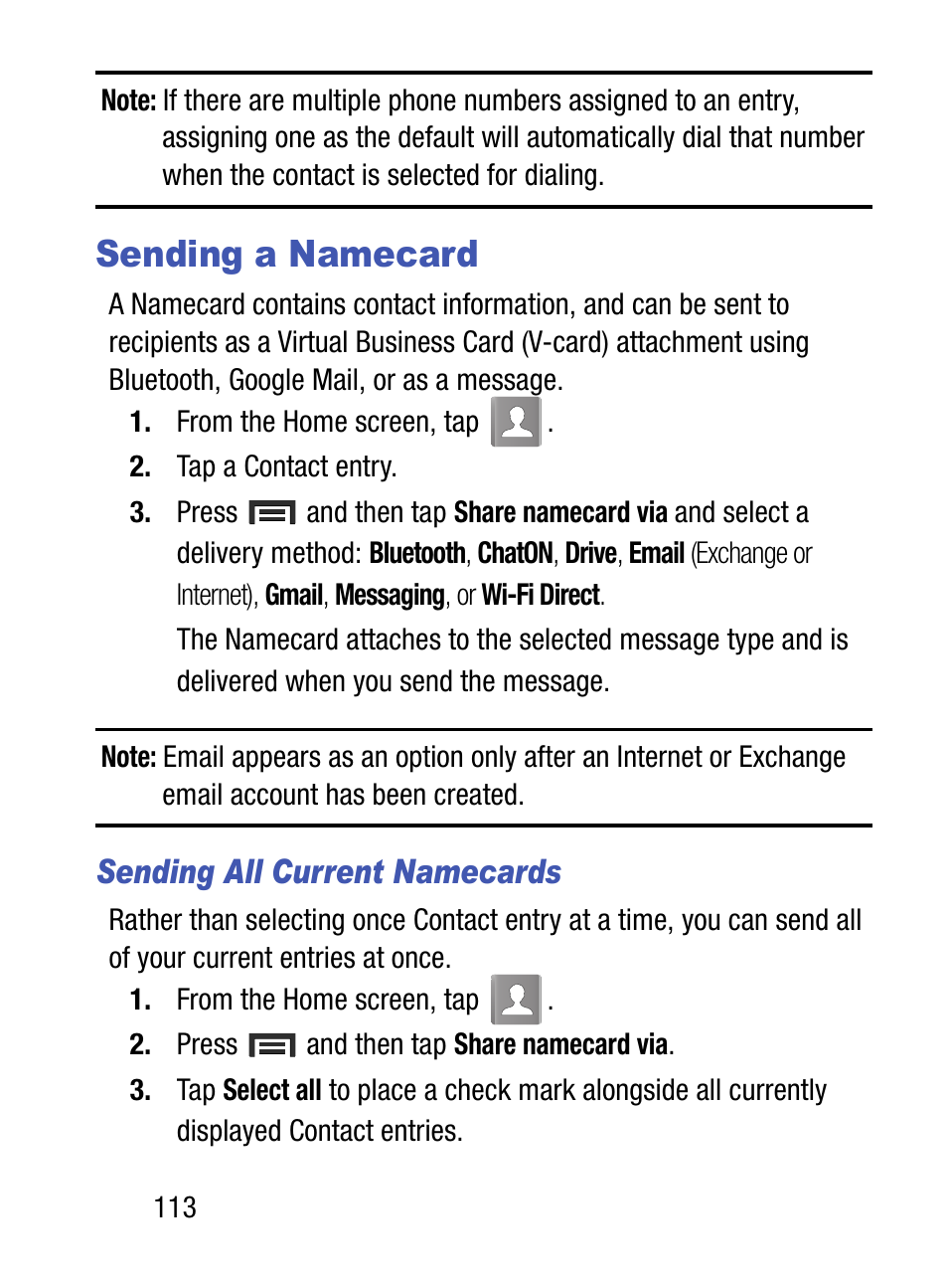 Sending a namecard, Sending all current namecards | Samsung SM-S890LZKATFN User Manual | Page 120 / 459