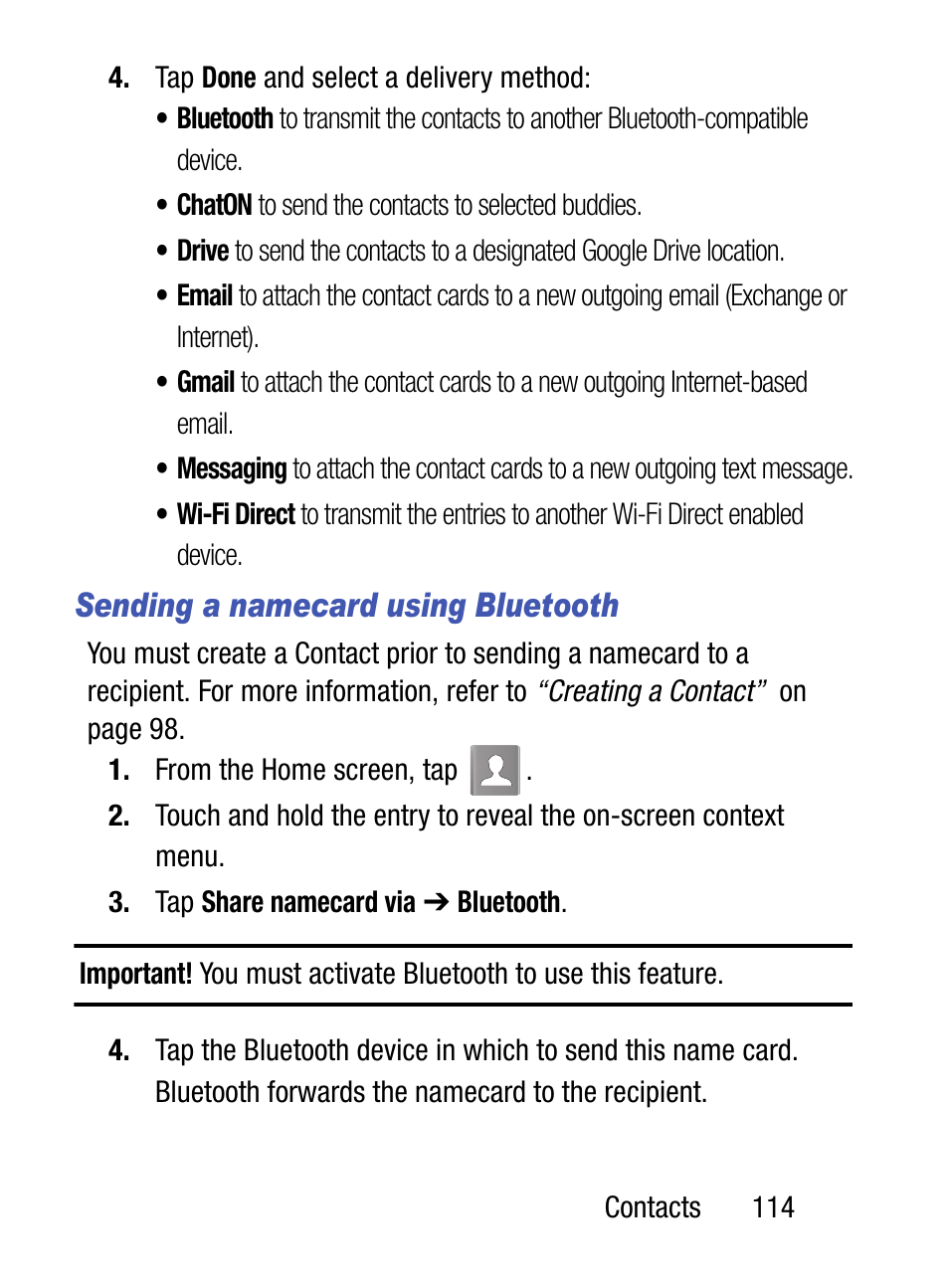 Sending a namecard using bluetooth | Samsung SM-S890LZKATFN User Manual | Page 121 / 459