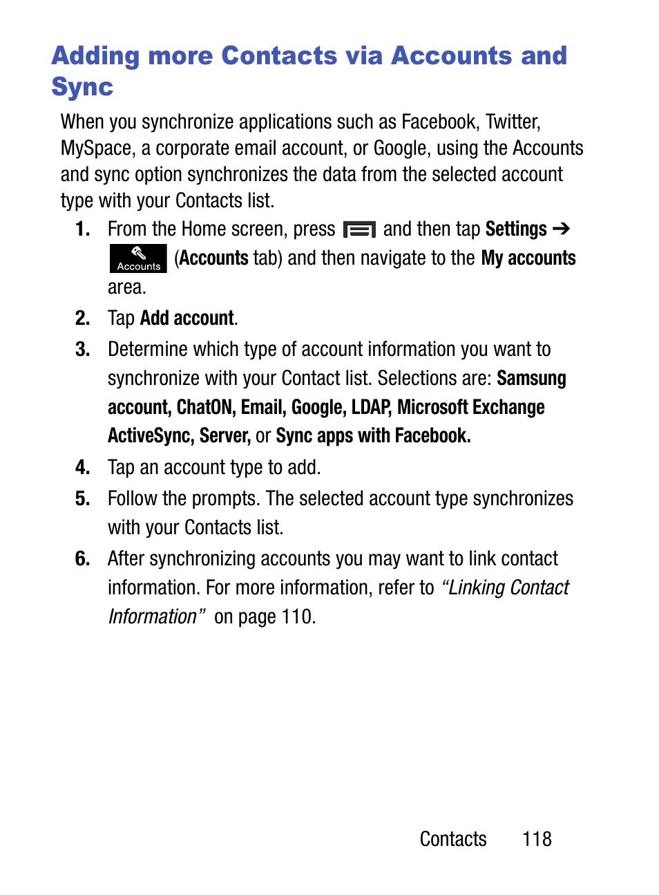 Adding more contacts via accounts and sync | Samsung SM-S890LZKATFN User Manual | Page 125 / 459