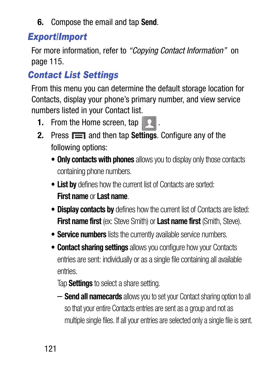 Export/import, Contact list settings | Samsung SM-S890LZKATFN User Manual | Page 128 / 459