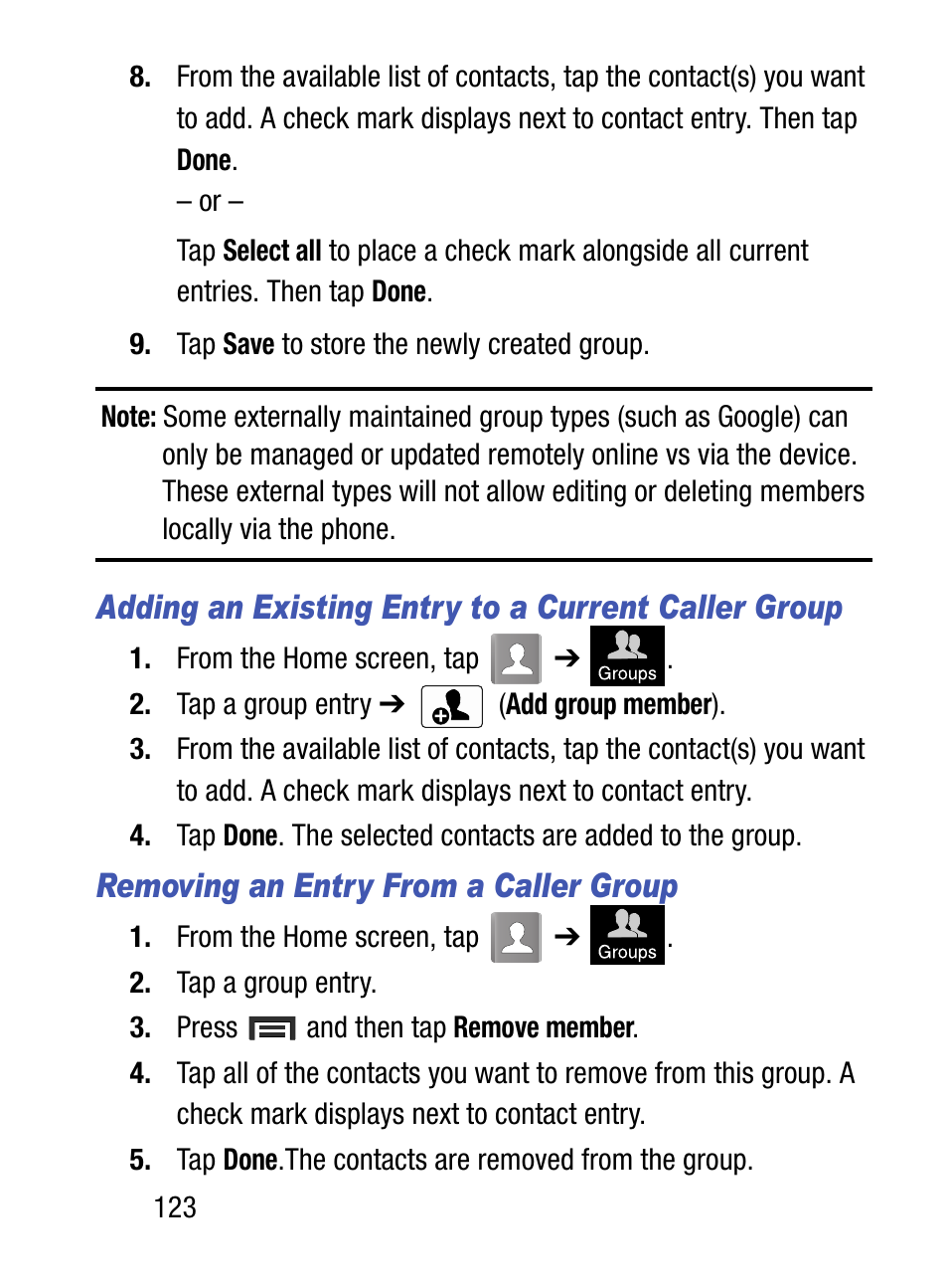 Adding an existing entry to a current caller group, Removing an entry from a caller group | Samsung SM-S890LZKATFN User Manual | Page 130 / 459