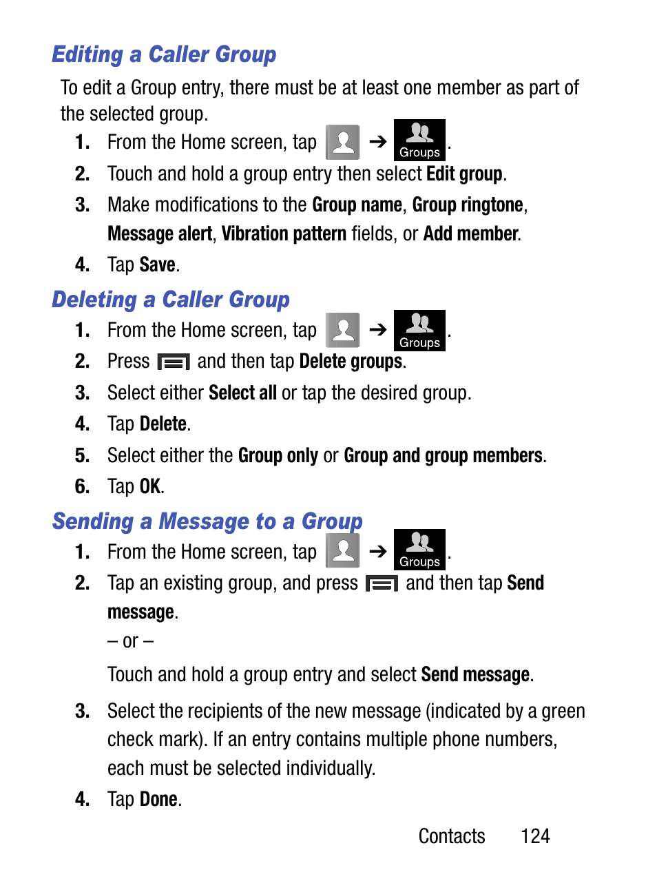 Editing a caller group, Deleting a caller group, Sending a message to a group | Samsung SM-S890LZKATFN User Manual | Page 131 / 459