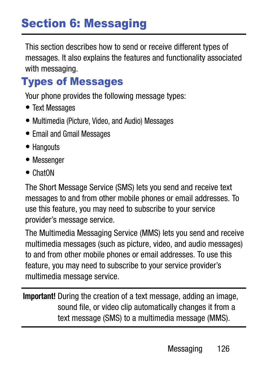 Section 6: messaging, Types of messages | Samsung SM-S890LZKATFN User Manual | Page 133 / 459