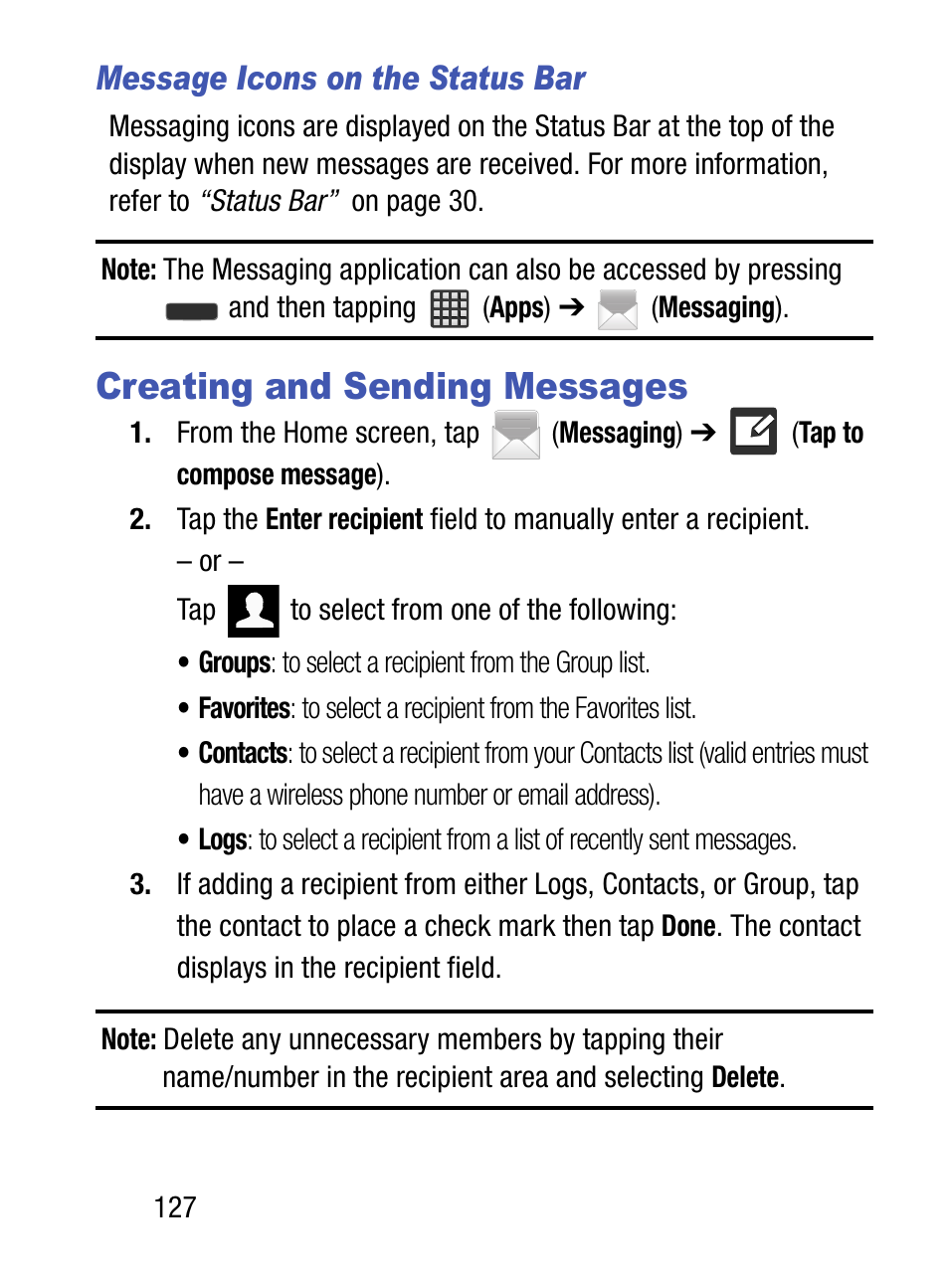 Creating and sending messages, Message icons on the status bar | Samsung SM-S890LZKATFN User Manual | Page 134 / 459