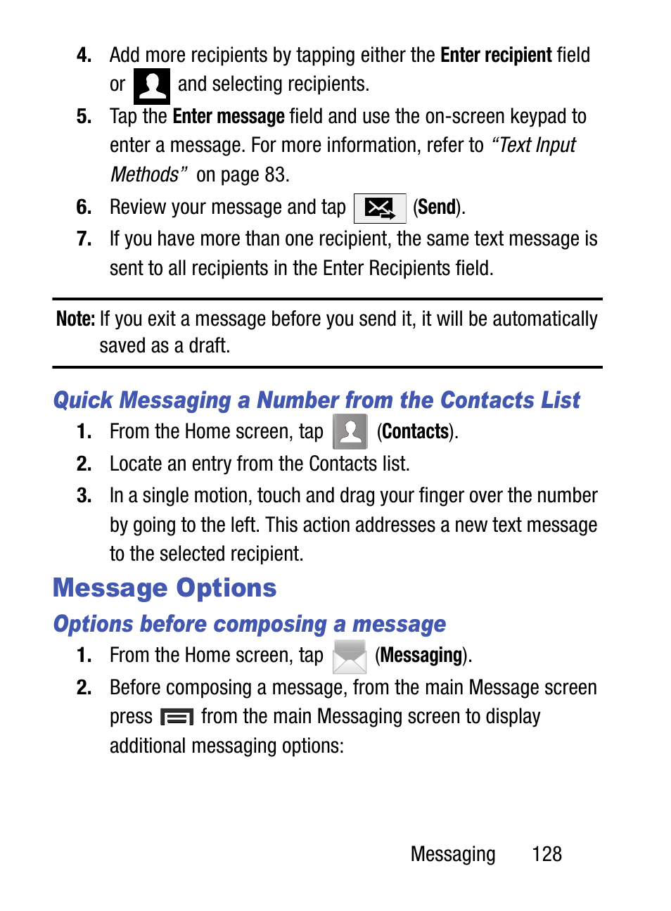 Message options, Quick messaging a number from the contacts list, Options before composing a message | Samsung SM-S890LZKATFN User Manual | Page 135 / 459