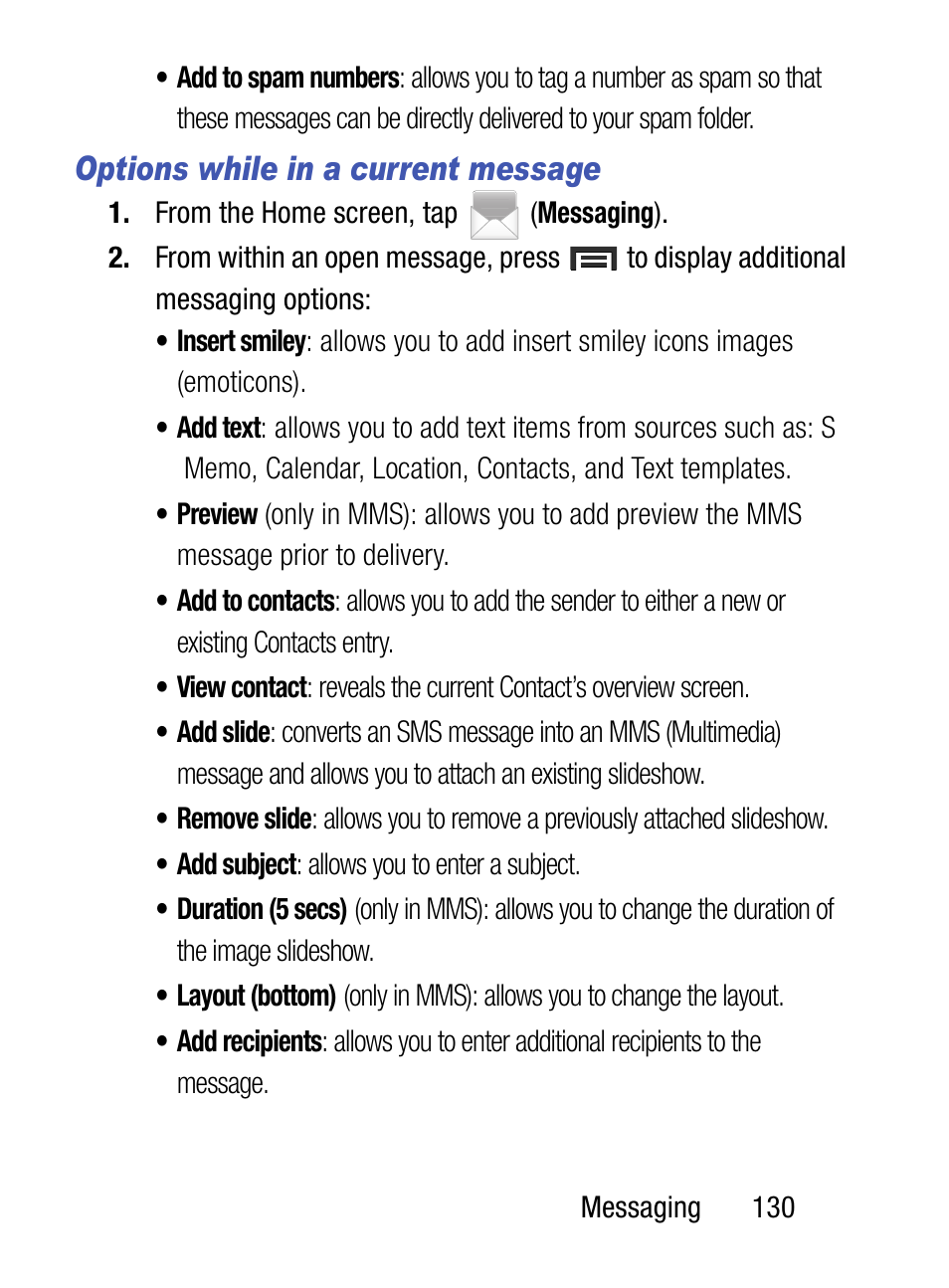 Options while in a current message | Samsung SM-S890LZKATFN User Manual | Page 137 / 459