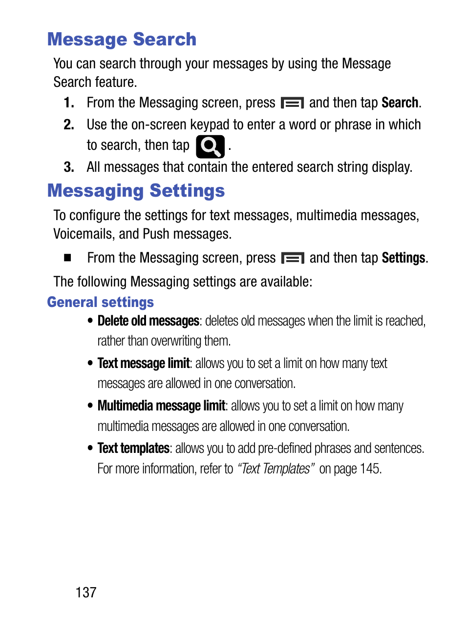 Message search, Messaging settings, Message search messaging settings | For more information, refer, For more | Samsung SM-S890LZKATFN User Manual | Page 144 / 459