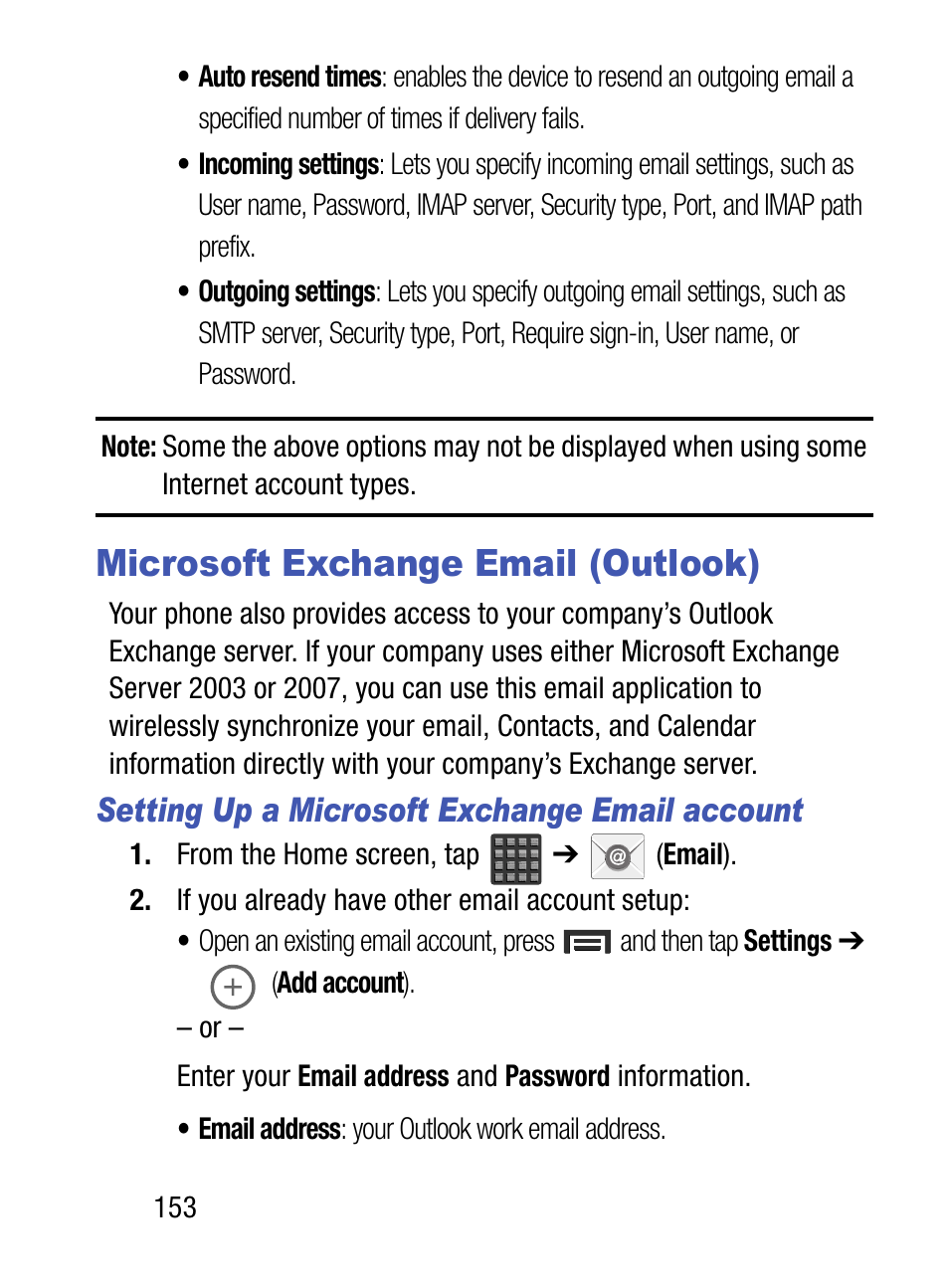 Microsoft exchange email (outlook), Setting up a microsoft exchange email account | Samsung SM-S890LZKATFN User Manual | Page 160 / 459