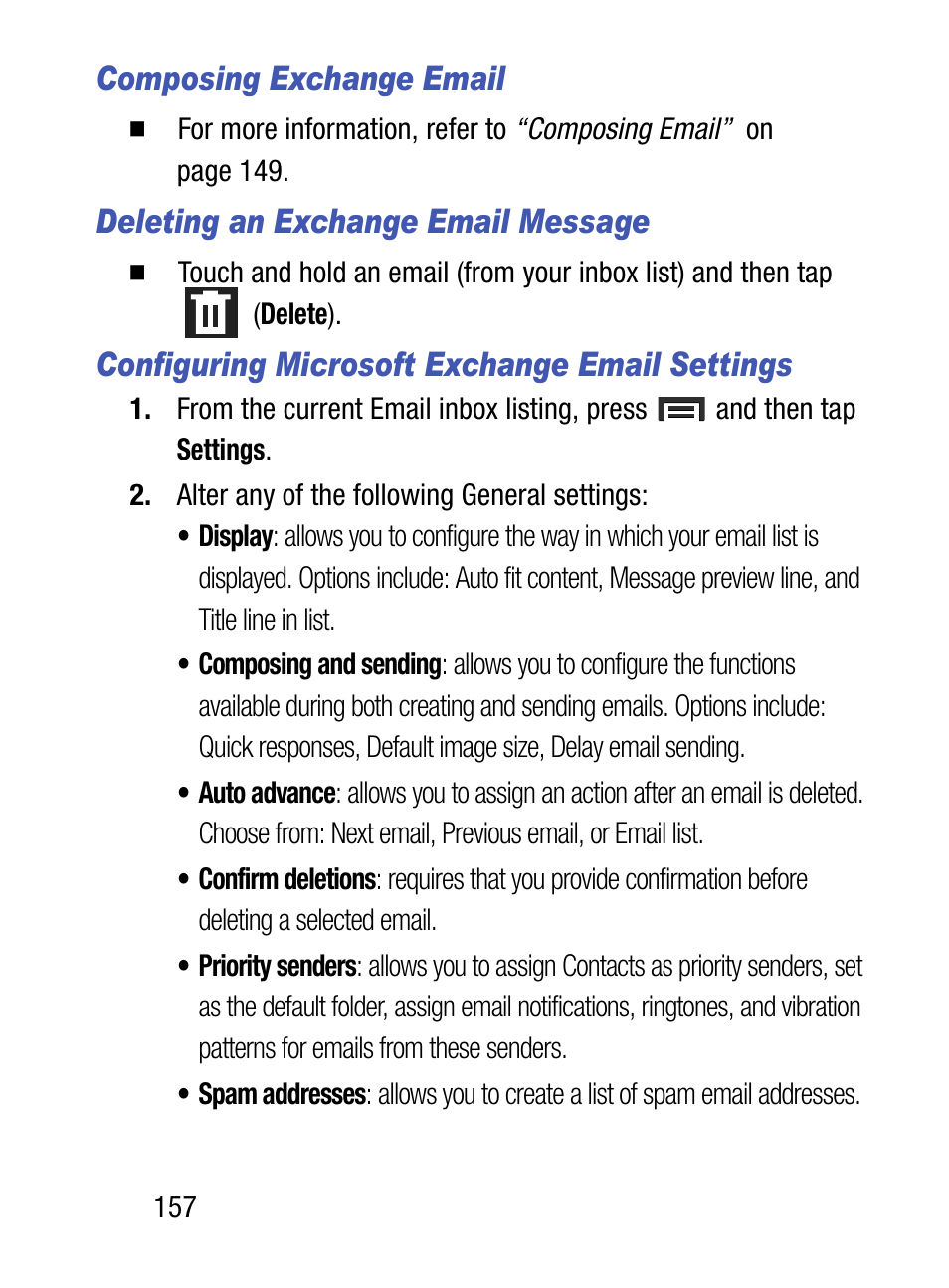 Composing exchange email, Deleting an exchange email message, Configuring microsoft exchange email settings | Samsung SM-S890LZKATFN User Manual | Page 164 / 459