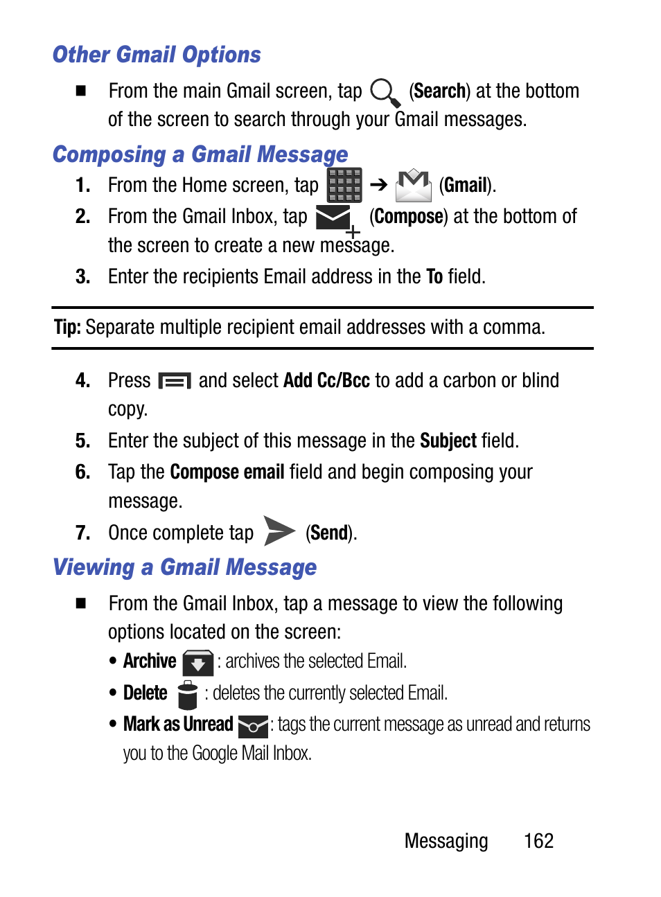 Other gmail options, Composing a gmail message, Viewing a gmail message | Samsung SM-S890LZKATFN User Manual | Page 169 / 459