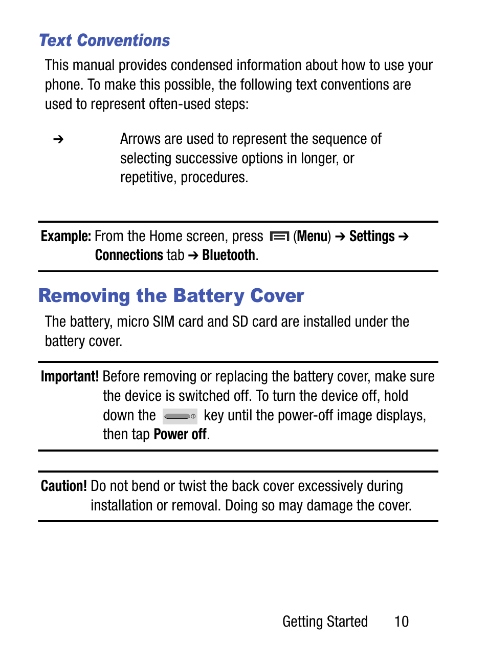 Removing the battery cover, Text conventions | Samsung SM-S890LZKATFN User Manual | Page 17 / 459