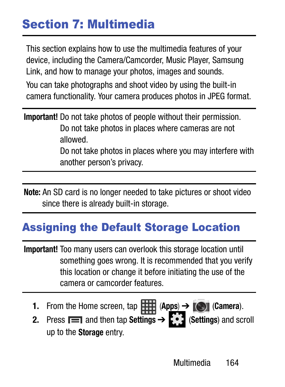 Section 7: multimedia, Assigning the default storage location | Samsung SM-S890LZKATFN User Manual | Page 171 / 459