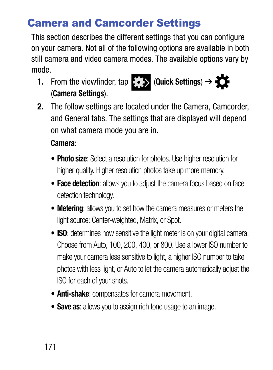 Camera and camcorder settings | Samsung SM-S890LZKATFN User Manual | Page 178 / 459