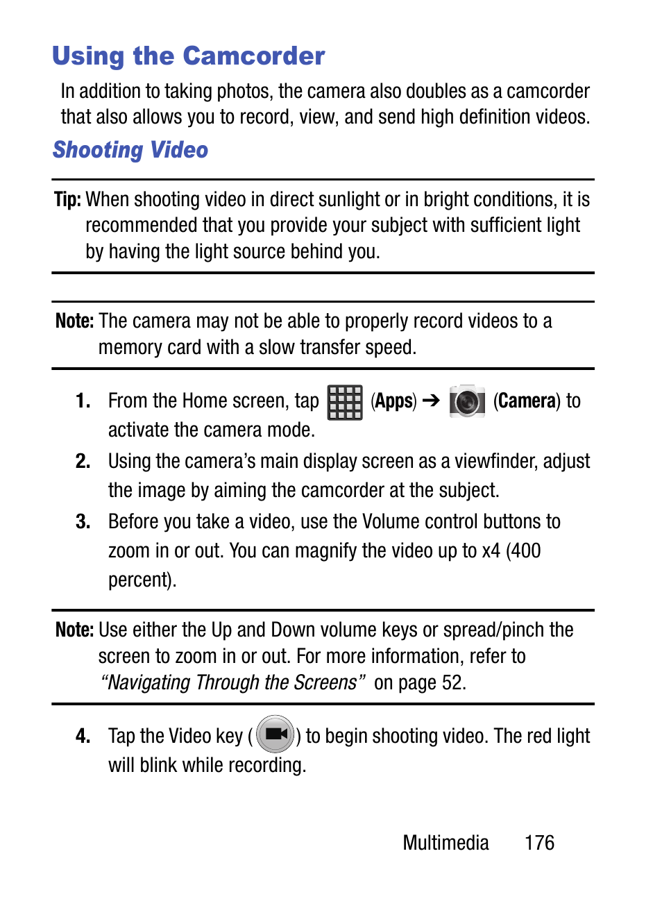 Using the camcorder, Shooting video | Samsung SM-S890LZKATFN User Manual | Page 183 / 459