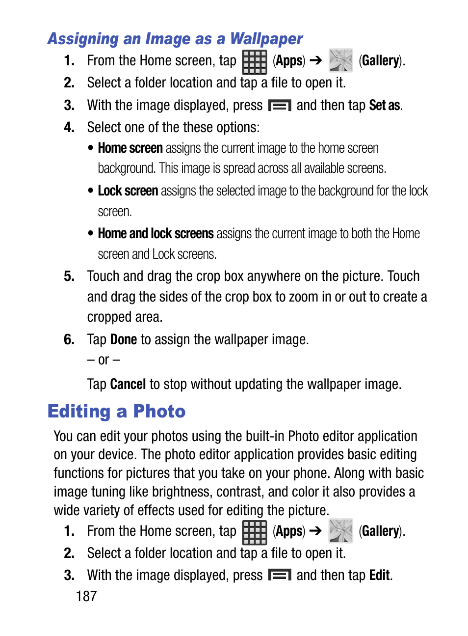 Editing a photo, Assigning an image as a wallpaper | Samsung SM-S890LZKATFN User Manual | Page 194 / 459