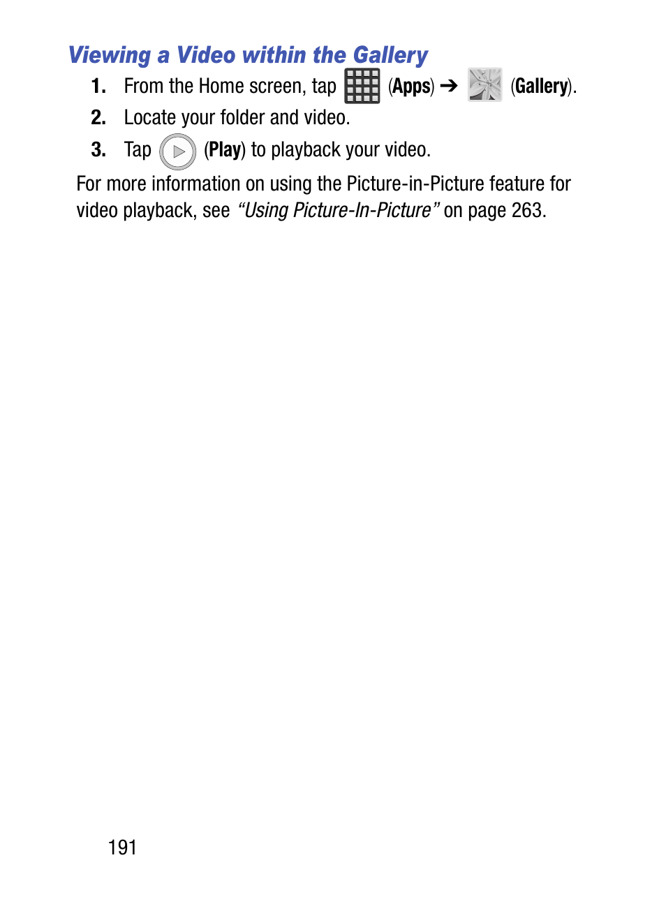 Viewing a video within the gallery | Samsung SM-S890LZKATFN User Manual | Page 198 / 459