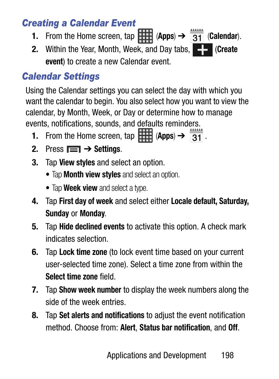 Creating a calendar event, Calendar settings | Samsung SM-S890LZKATFN User Manual | Page 205 / 459