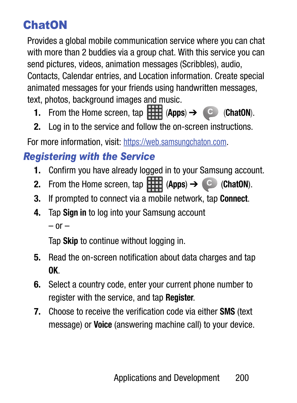 Chaton, Registering with the service | Samsung SM-S890LZKATFN User Manual | Page 207 / 459