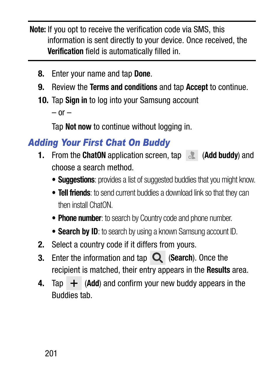 Adding your first chat on buddy | Samsung SM-S890LZKATFN User Manual | Page 208 / 459
