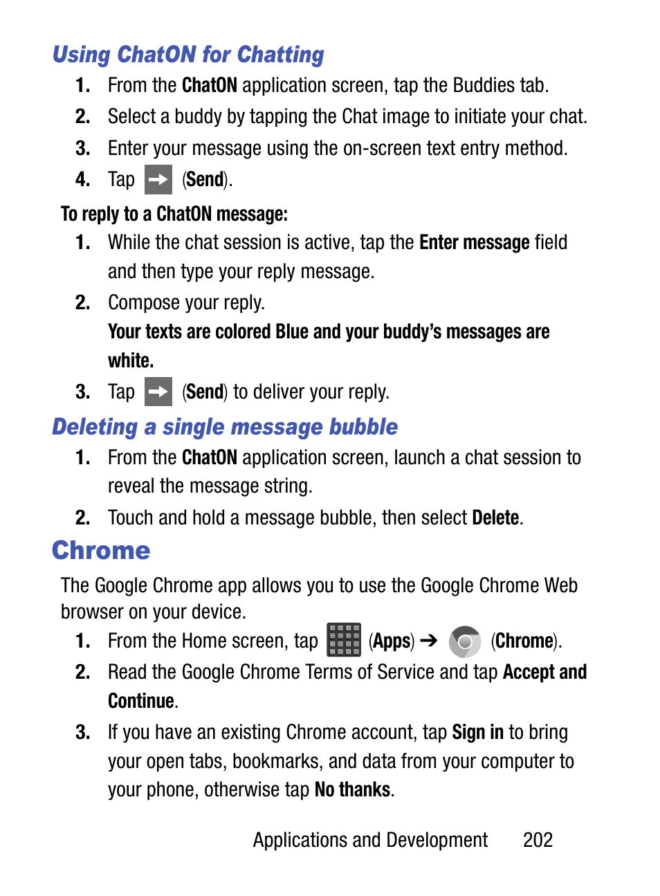 Chrome, Using chaton for chatting, Deleting a single message bubble | Samsung SM-S890LZKATFN User Manual | Page 209 / 459