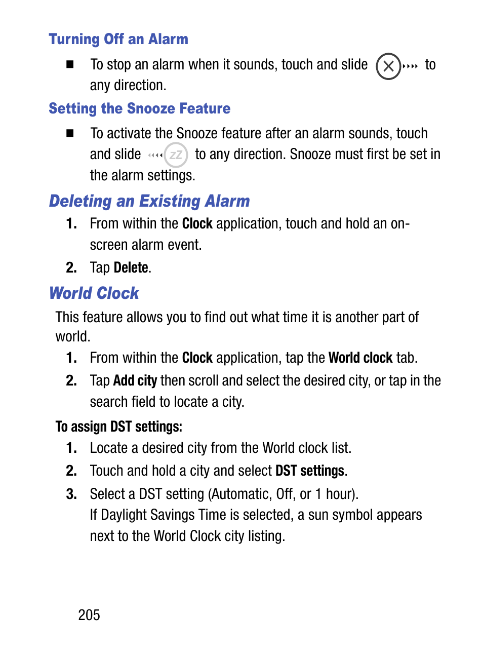 Deleting an existing alarm, World clock | Samsung SM-S890LZKATFN User Manual | Page 212 / 459