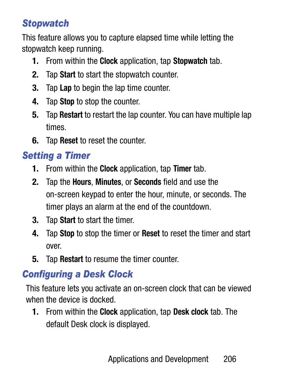 Stopwatch, Setting a timer, Configuring a desk clock | Samsung SM-S890LZKATFN User Manual | Page 213 / 459