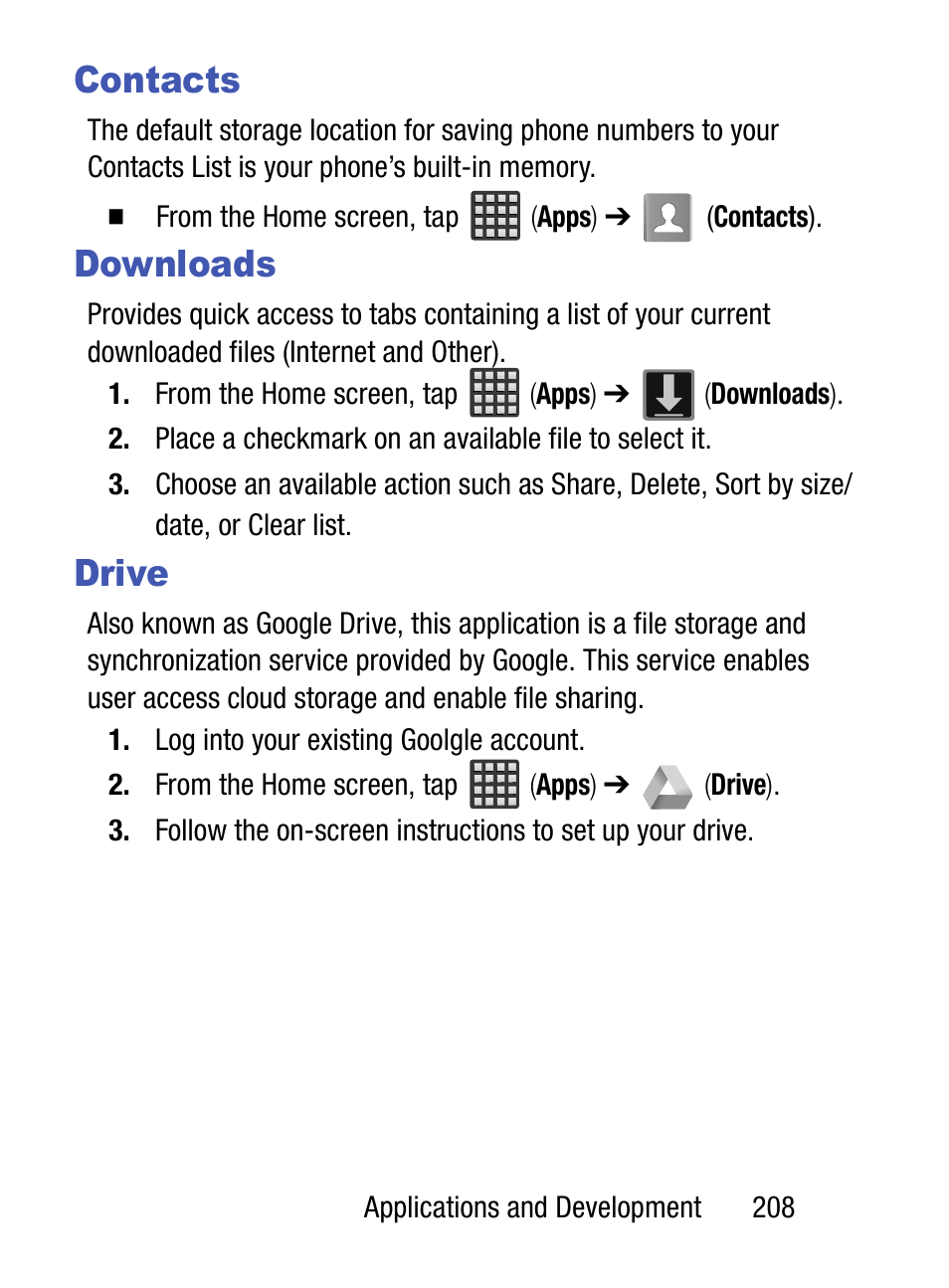 Contacts, Downloads, Drive | Contacts downloads drive | Samsung SM-S890LZKATFN User Manual | Page 215 / 459