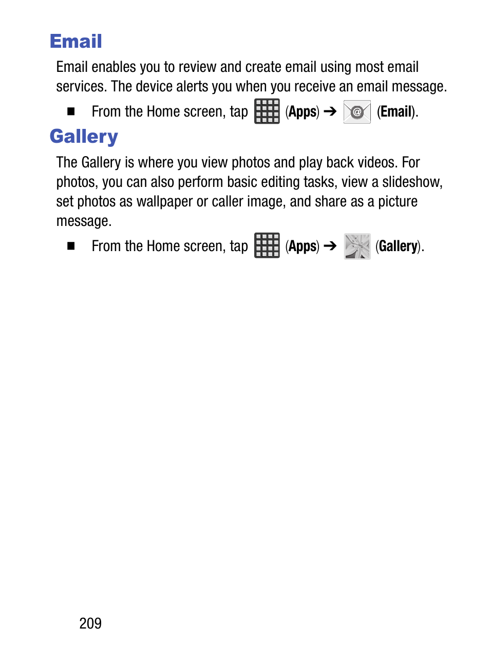 Email, Gallery, Email gallery | Samsung SM-S890LZKATFN User Manual | Page 216 / 459