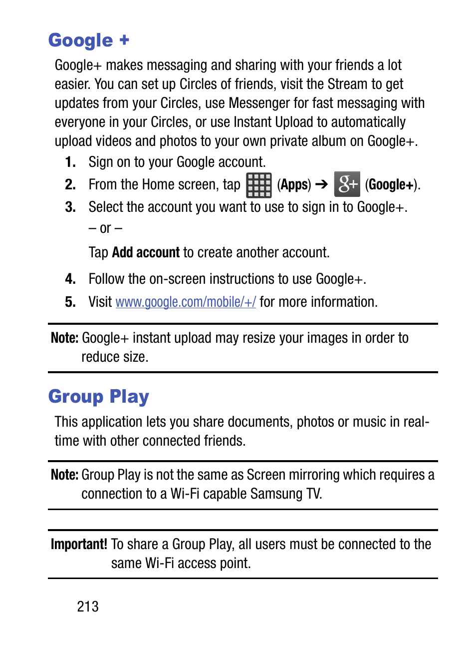 Google, Group play, Google + group play | Samsung SM-S890LZKATFN User Manual | Page 220 / 459