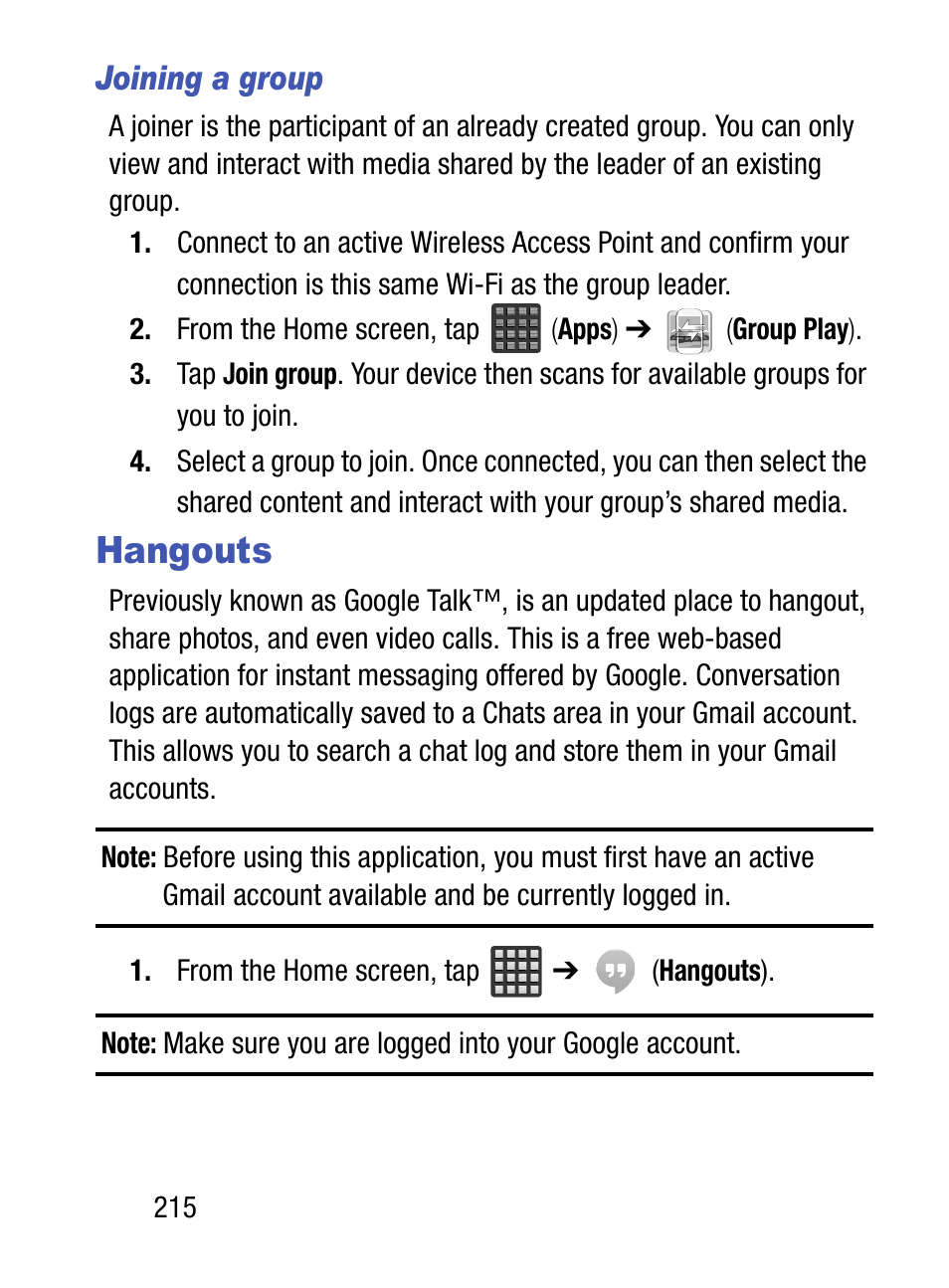 Hangouts, Joining a group | Samsung SM-S890LZKATFN User Manual | Page 222 / 459