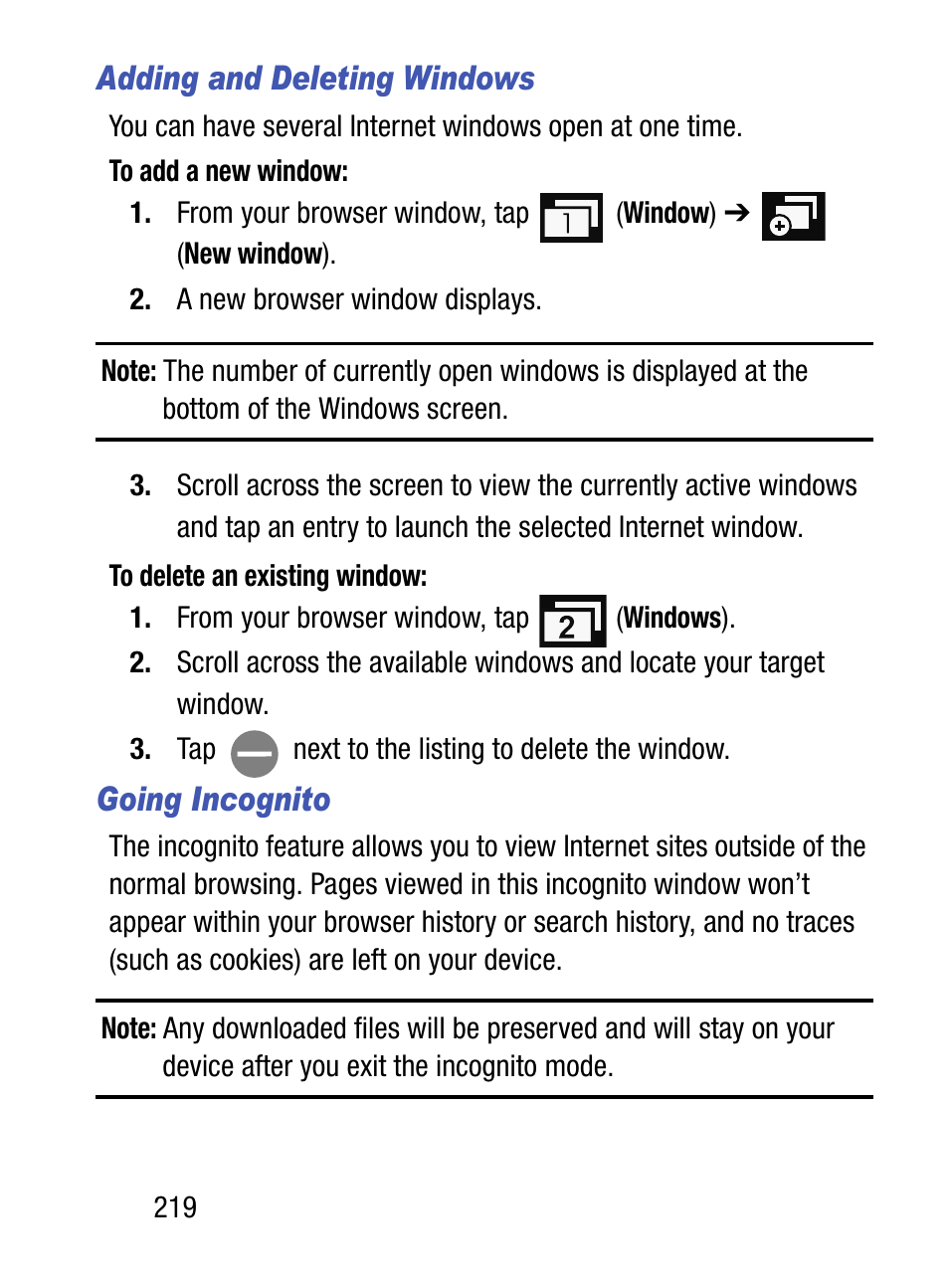 Adding and deleting windows, Going incognito | Samsung SM-S890LZKATFN User Manual | Page 226 / 459