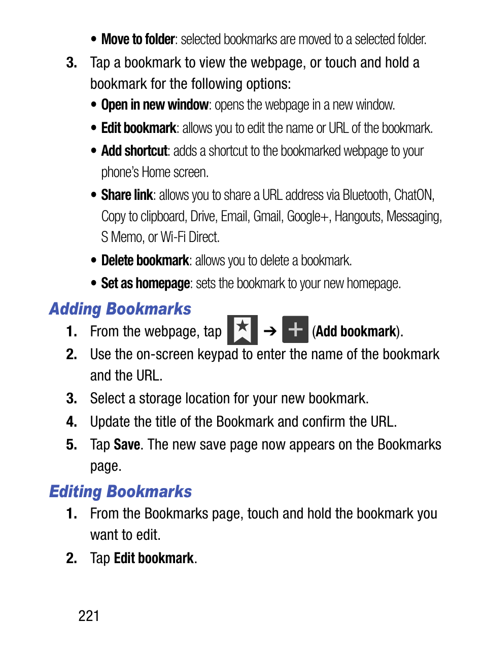 Adding bookmarks, Editing bookmarks | Samsung SM-S890LZKATFN User Manual | Page 228 / 459