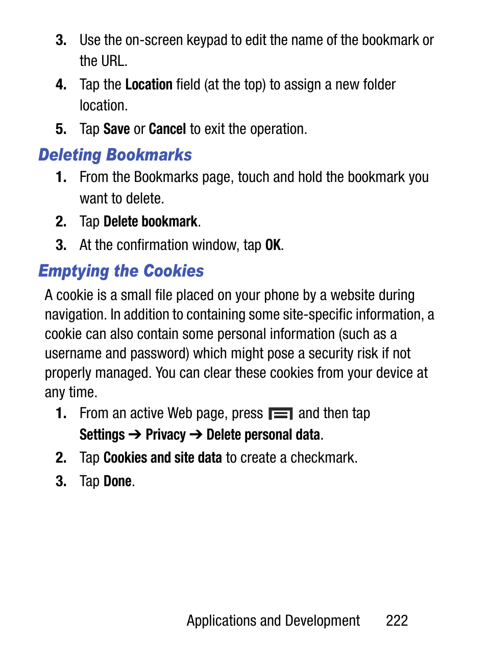 Deleting bookmarks, Emptying the cookies | Samsung SM-S890LZKATFN User Manual | Page 229 / 459