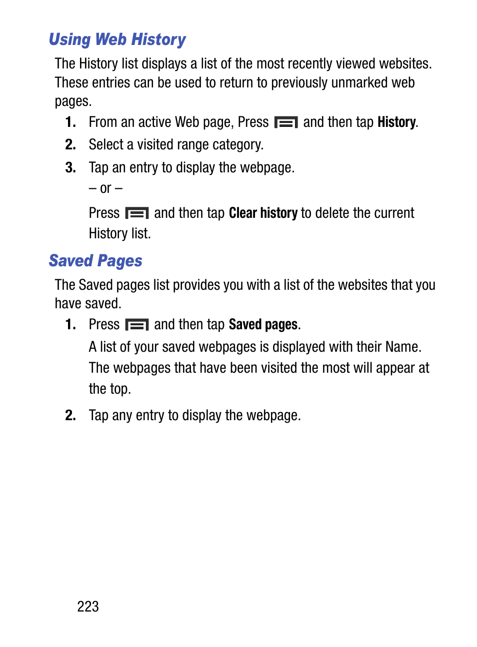 Using web history, Saved pages | Samsung SM-S890LZKATFN User Manual | Page 230 / 459