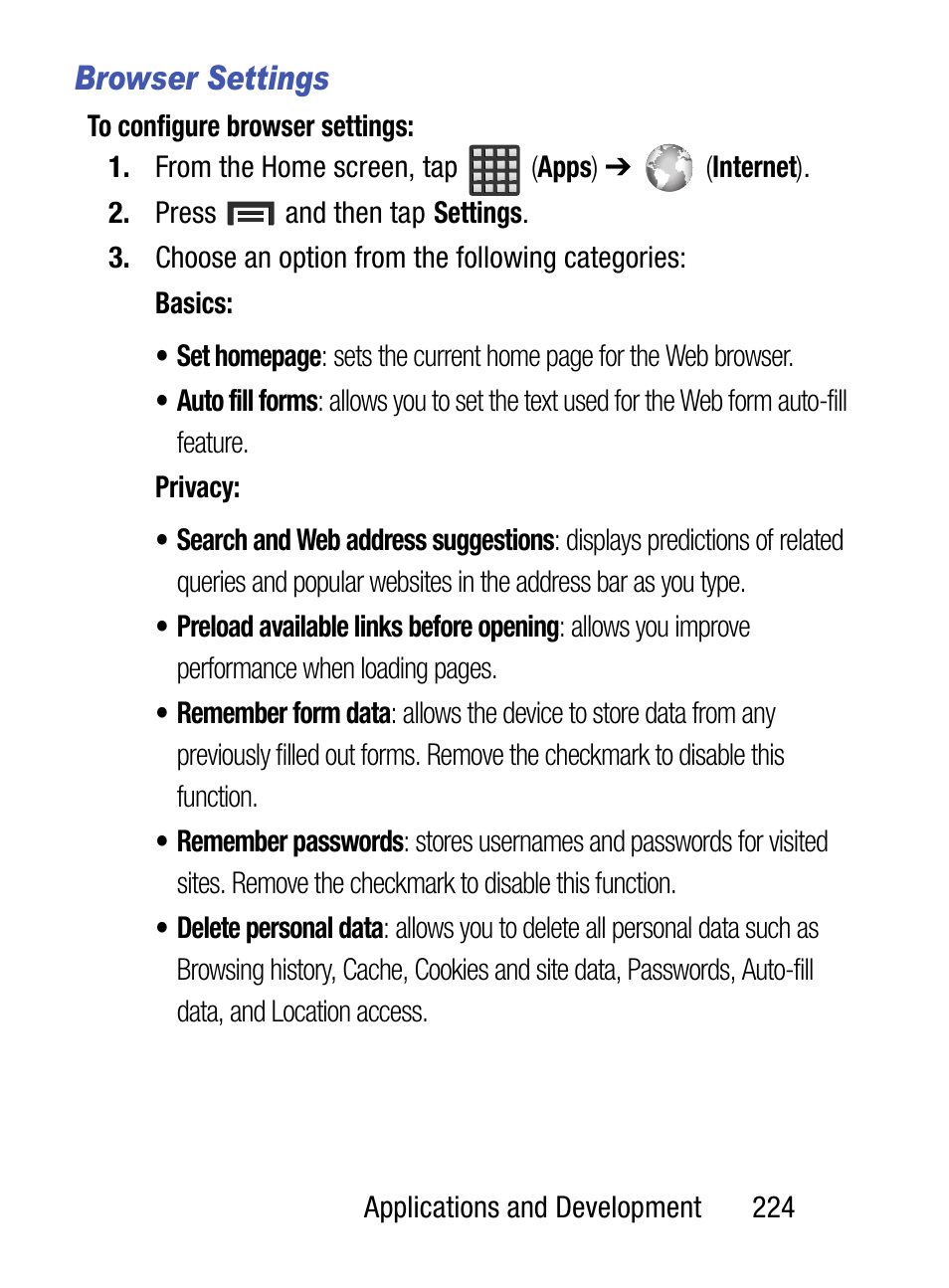 Browser settings | Samsung SM-S890LZKATFN User Manual | Page 231 / 459