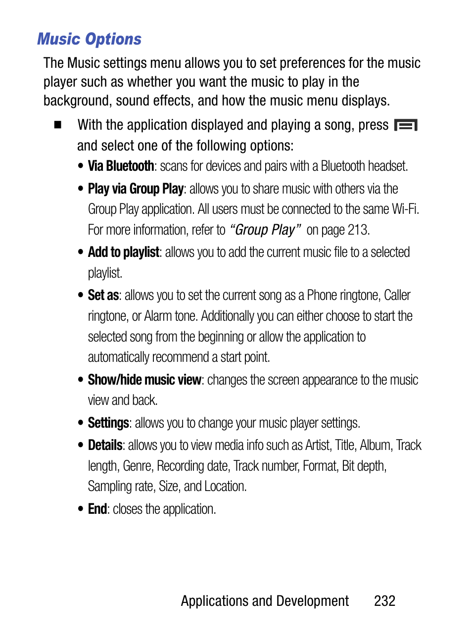 Music options | Samsung SM-S890LZKATFN User Manual | Page 239 / 459
