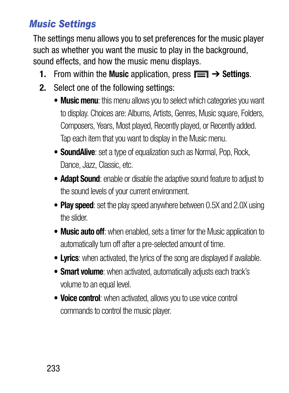 Music settings | Samsung SM-S890LZKATFN User Manual | Page 240 / 459