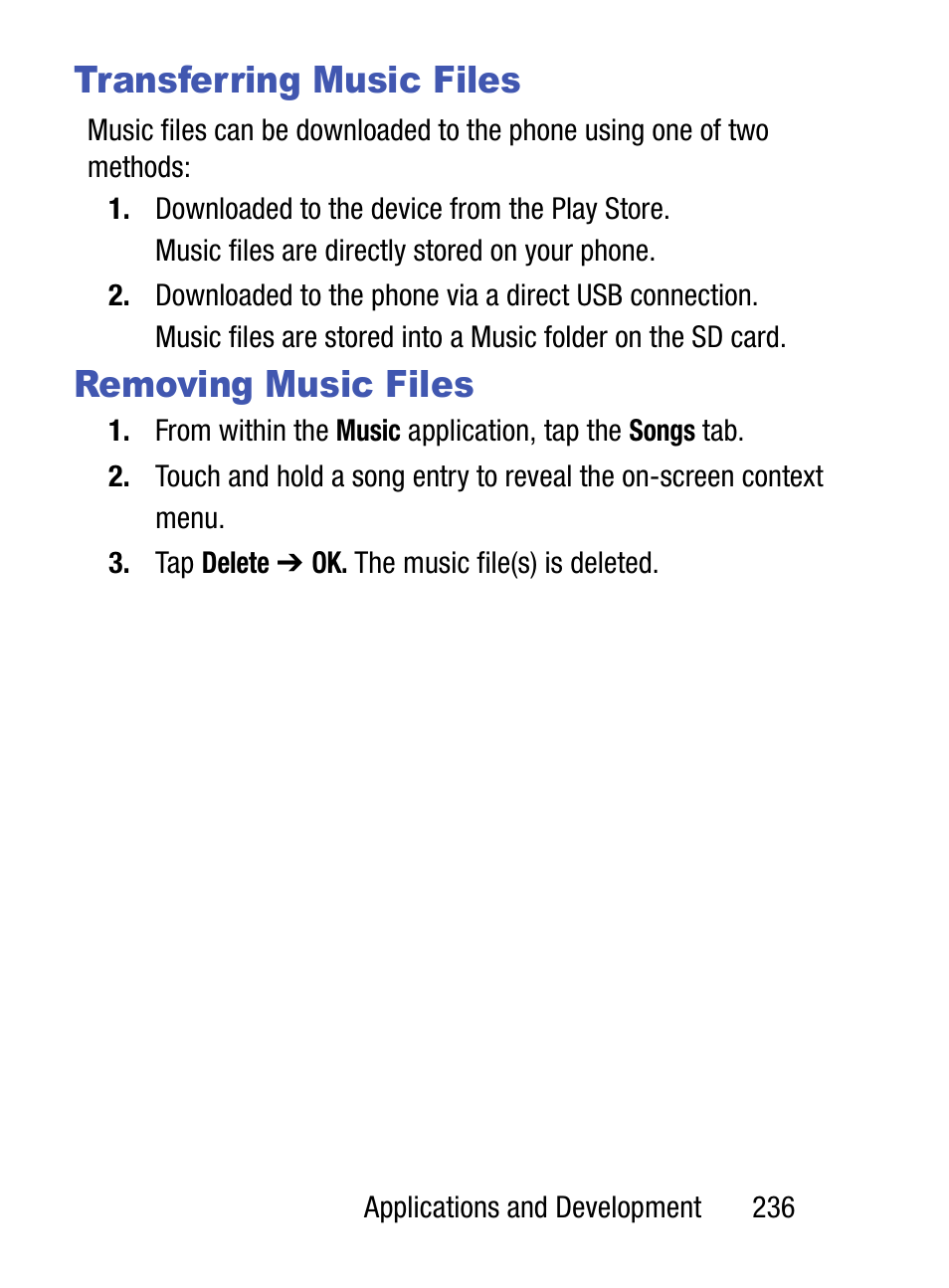 Transferring music files, Removing music files, Transferring music files removing music files | Samsung SM-S890LZKATFN User Manual | Page 243 / 459