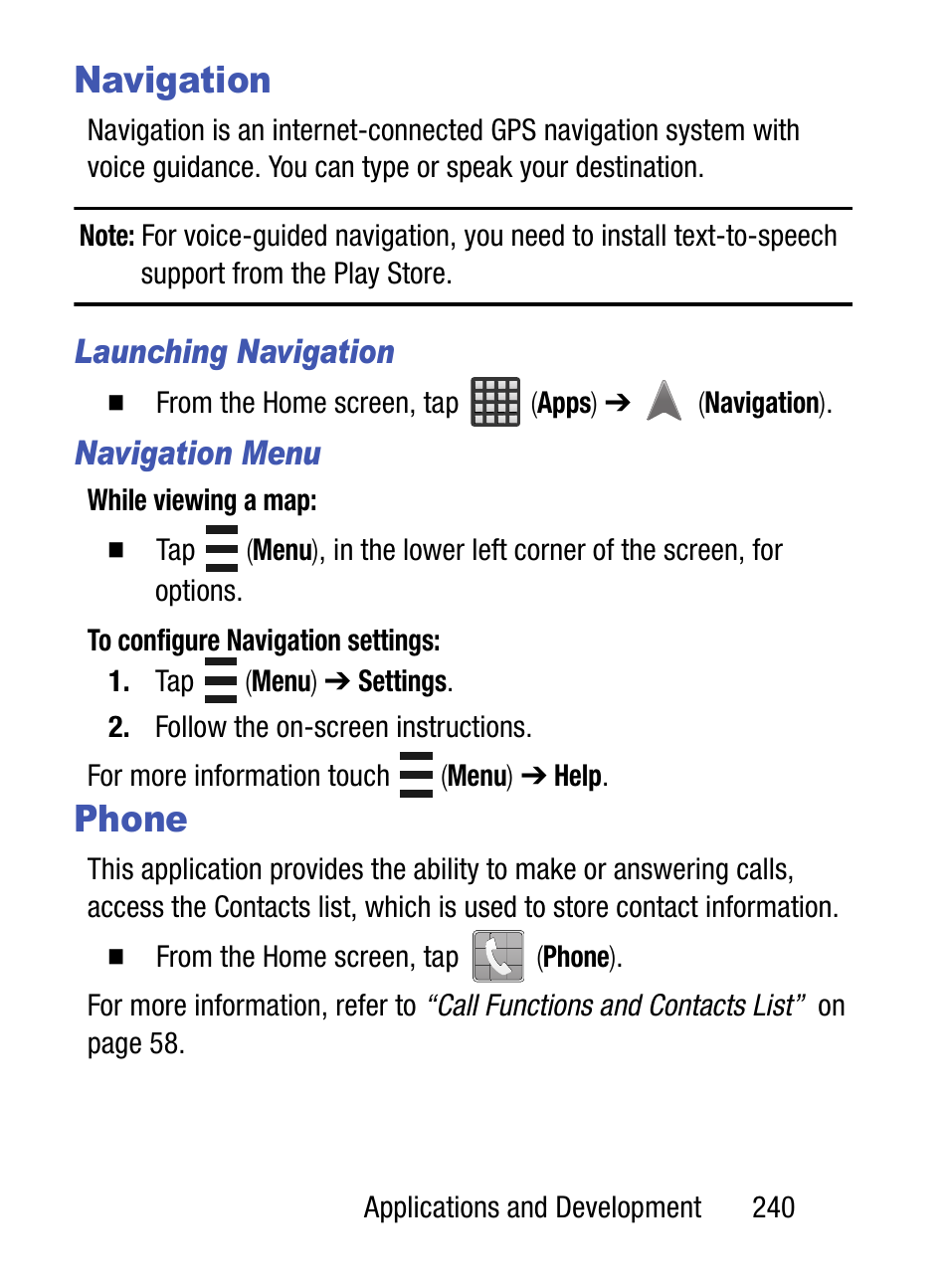 Navigation, Phone, Navigation phone | Samsung SM-S890LZKATFN User Manual | Page 247 / 459