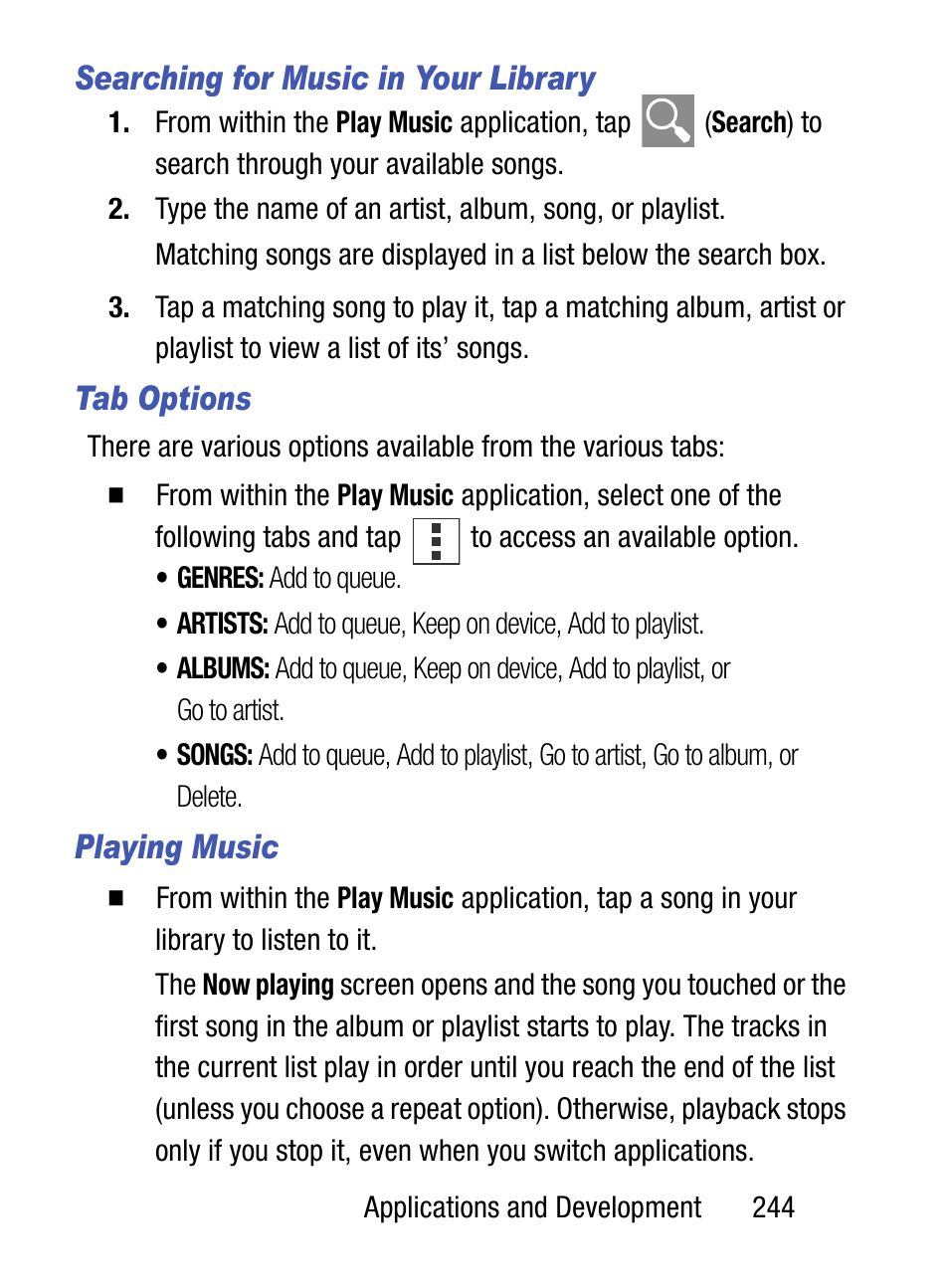 Searching for music in your library, Tab options, Playing music | Samsung SM-S890LZKATFN User Manual | Page 251 / 459