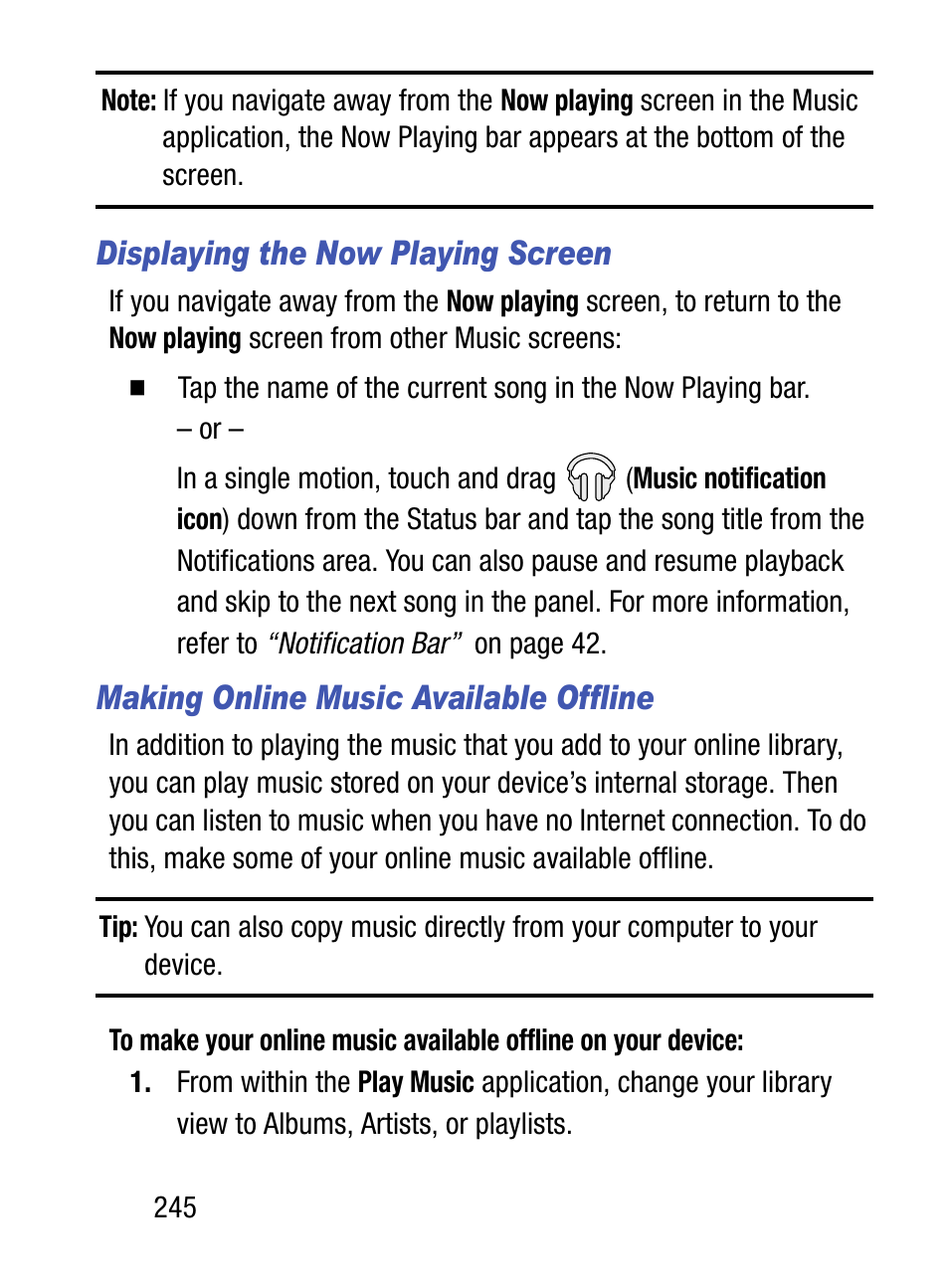 Displaying the now playing screen, Making online music available offline | Samsung SM-S890LZKATFN User Manual | Page 252 / 459