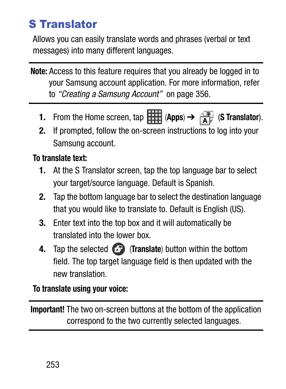 S translator | Samsung SM-S890LZKATFN User Manual | Page 260 / 459