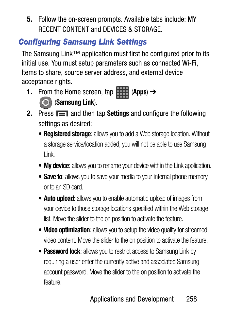 Configuring samsung link settings | Samsung SM-S890LZKATFN User Manual | Page 265 / 459