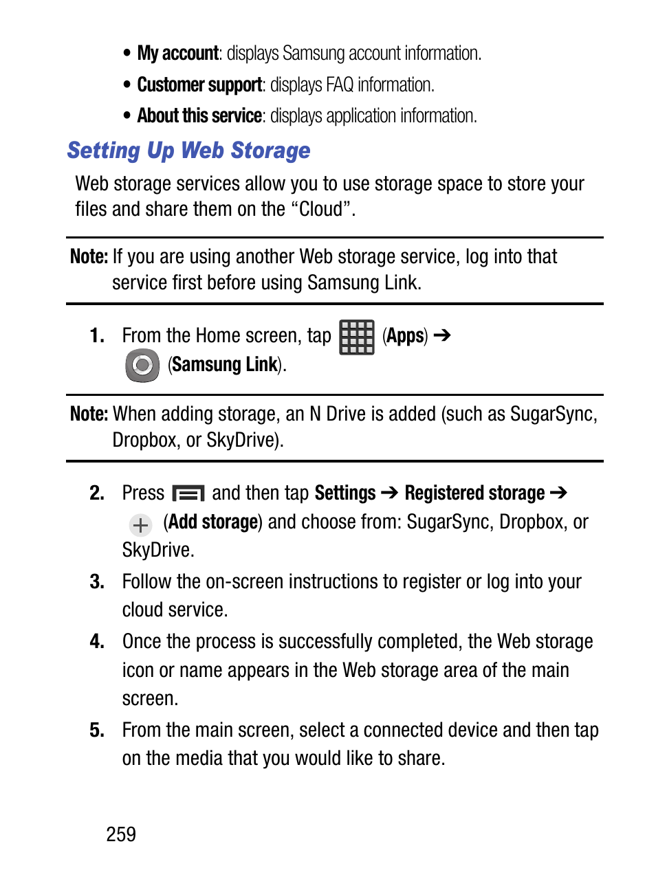 Setting up web storage | Samsung SM-S890LZKATFN User Manual | Page 266 / 459