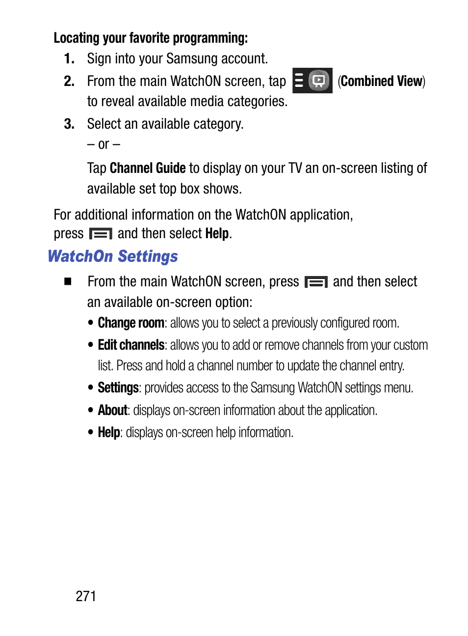 Watchon settings | Samsung SM-S890LZKATFN User Manual | Page 278 / 459