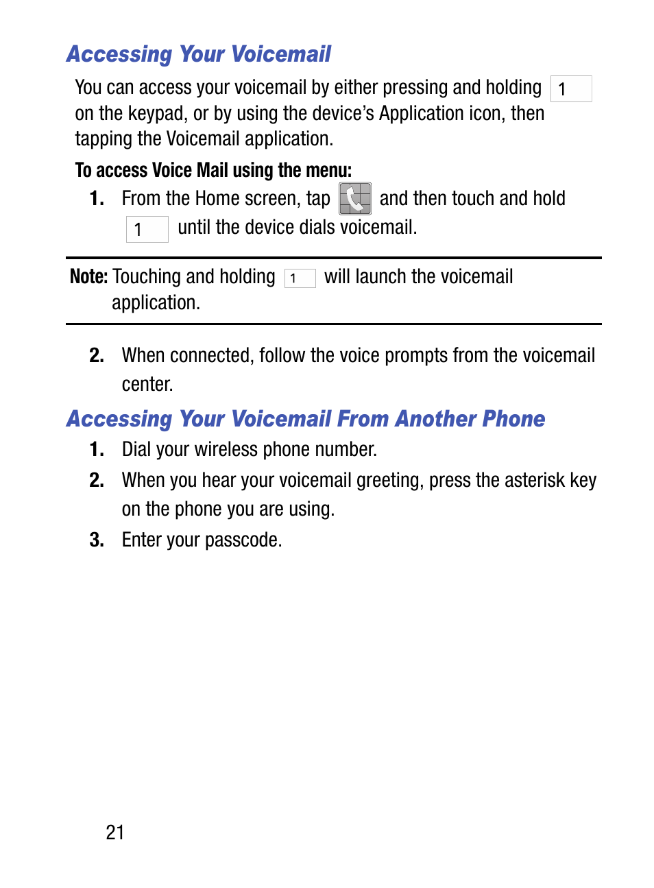 Accessing your voicemail, Accessing your voicemail from another phone | Samsung SM-S890LZKATFN User Manual | Page 28 / 459