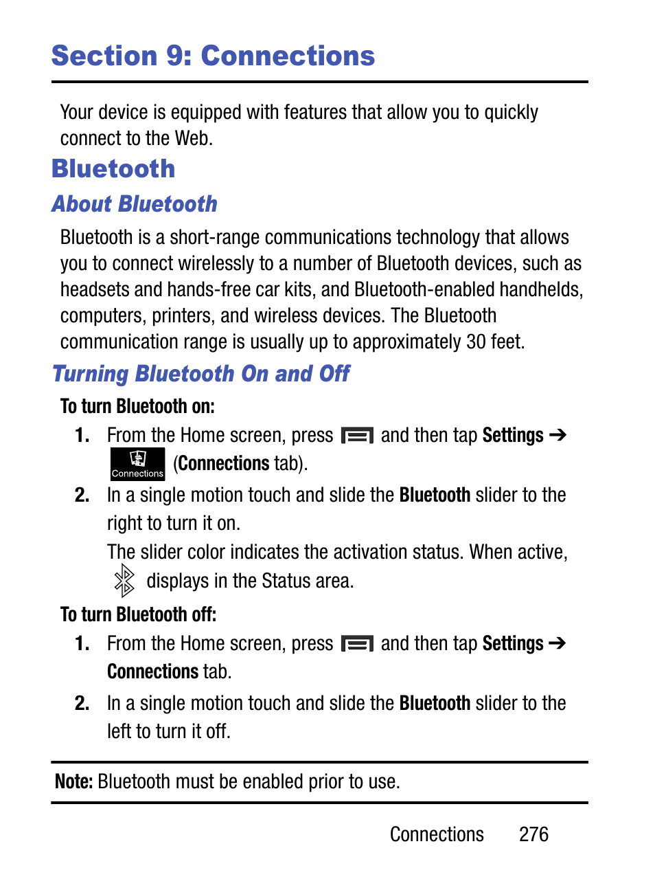 Section 9: connections, Bluetooth | Samsung SM-S890LZKATFN User Manual | Page 283 / 459