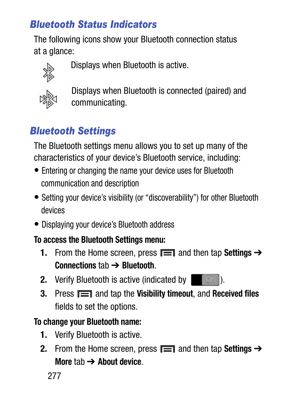 Bluetooth status indicators, Bluetooth settings | Samsung SM-S890LZKATFN User Manual | Page 284 / 459